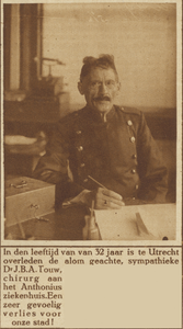 870839 Portret van dr. J.B.A. Touw, chirurg bij het St.-Antoniusziekenhuis (Prins Hendriklaan 40) te Utrecht, die op ...